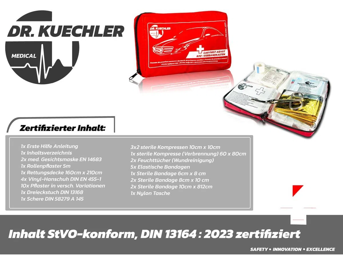 Trousse de secours automobile de qualité, dernière norme DIN 13164 : 2023, trousse de secours voiture 2023, kit de premiers secours complet voiture