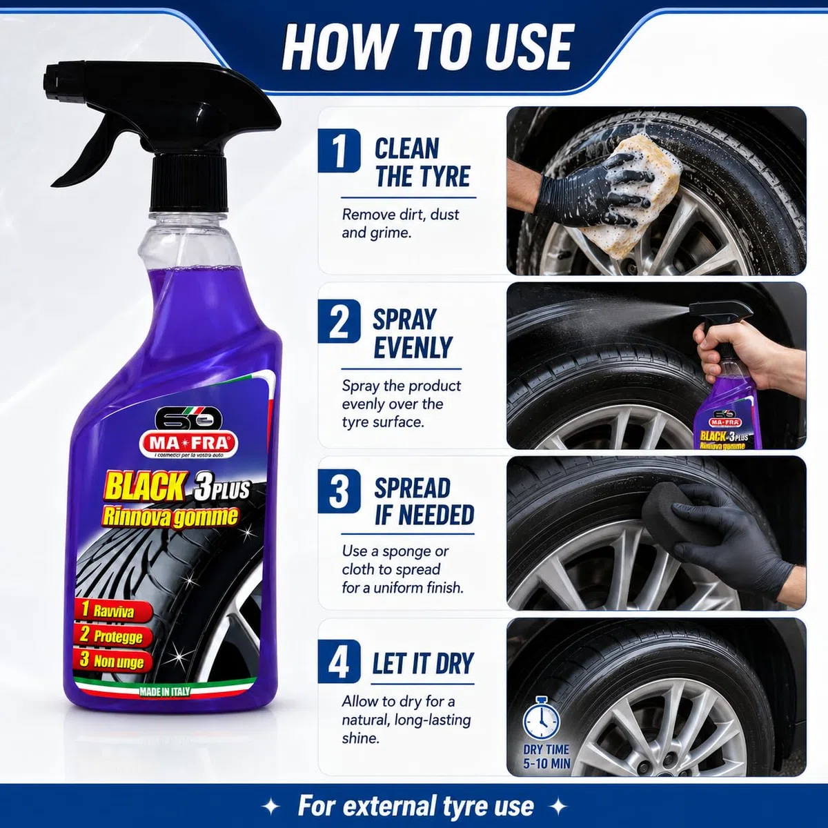 Mafra, Black 3 Plus, Spray Noir Pour Pneus, Capable de Renouveler, Polir et Protéger les Pneus de Voiture de la Lumière du Soleil et des Agents Atmosphériques, Non Gras les Fissures, 500ml