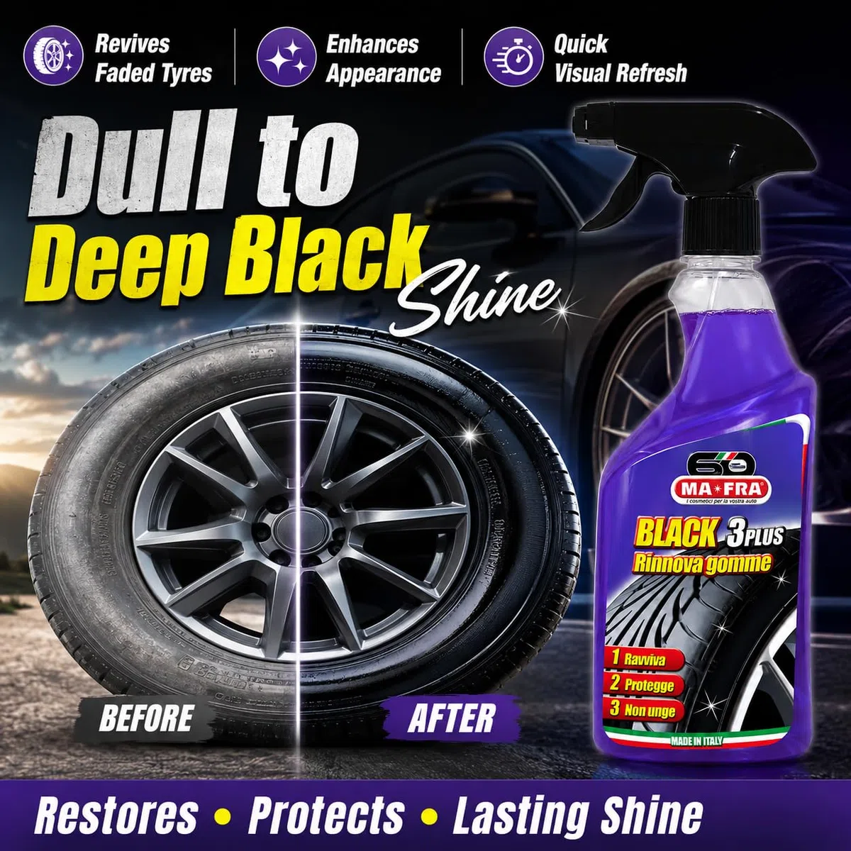 Mafra, Black 3 Plus, Spray Noir Pour Pneus, Capable de Renouveler, Polir et Protéger les Pneus de Voiture de la Lumière du Soleil et des Agents Atmosphériques, Non Gras les Fissures, 500ml