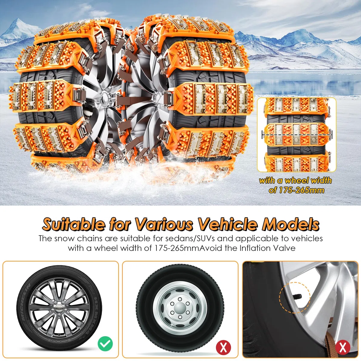 Chaînes à Neige pour Auto, 8 Pièces de Chaînes Universelles pour Chaine Voiture Neige, Chaine a Neige d'Urgence pour Pneus, Réglables pour Camions, Suv, Voitures (165-275mm)