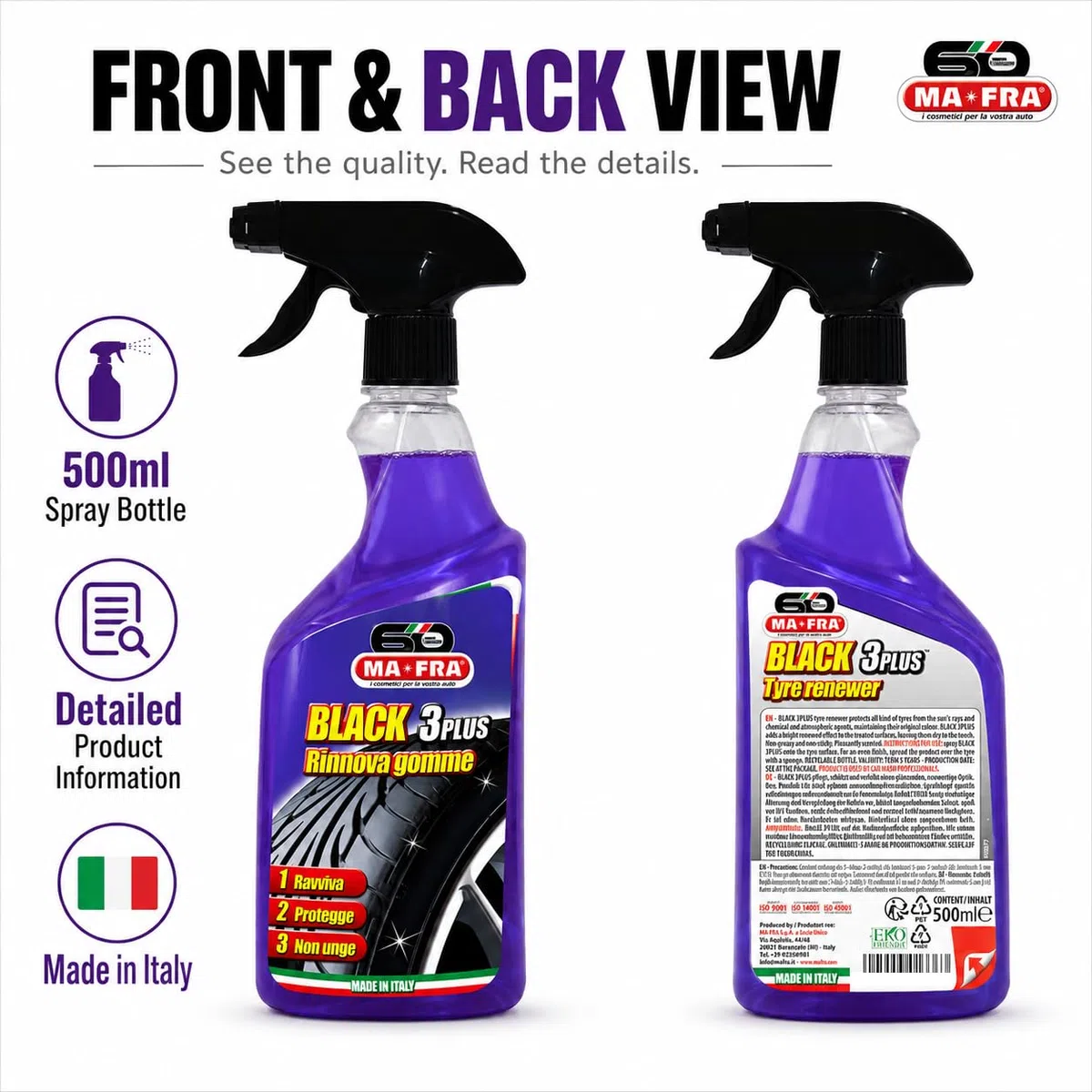 Mafra, Black 3 Plus, Spray Noir Pour Pneus, Capable de Renouveler, Polir et Protéger les Pneus de Voiture de la Lumière du Soleil et des Agents Atmosphériques, Non Gras les Fissures, 500ml