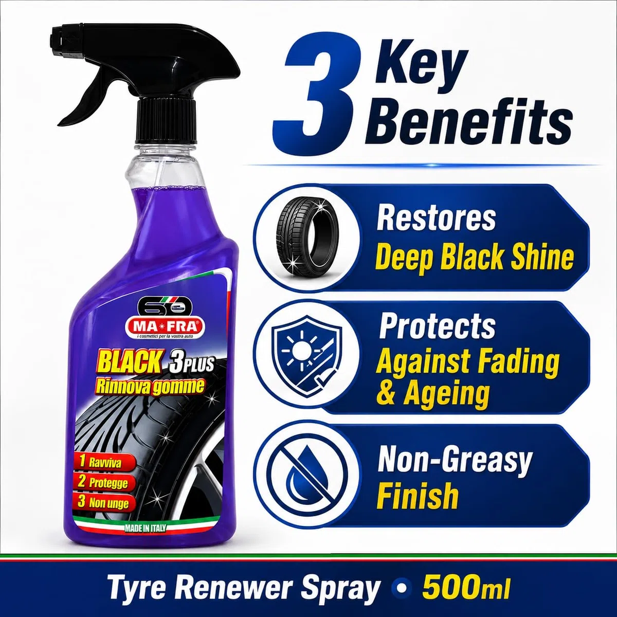 Mafra, Black 3 Plus, Spray Noir Pour Pneus, Capable de Renouveler, Polir et Protéger les Pneus de Voiture de la Lumière du Soleil et des Agents Atmosphériques, Non Gras les Fissures, 500ml