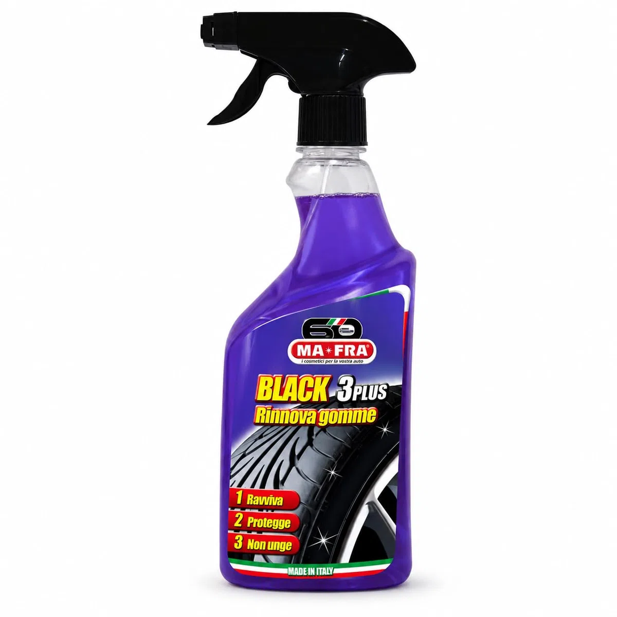 Mafra, Black 3 Plus, Spray Noir Pour Pneus, Capable de Renouveler, Polir et Protéger les Pneus de Voiture de la Lumière du Soleil et des Agents Atmosphériques, Non Gras les Fissures, 500ml